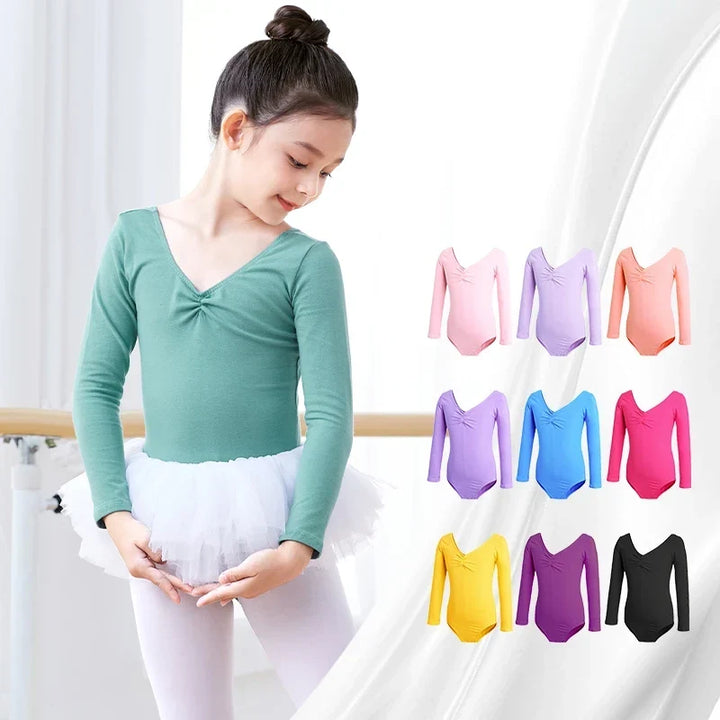 Breathable girls long sleeve ballet leotard - twist-front, cotton, for dance class