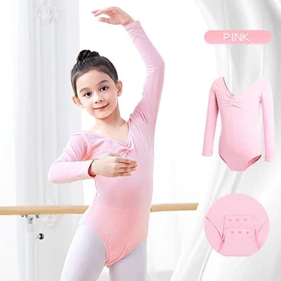Breathable girls long sleeve ballet leotard - twist-front, cotton, for dance class