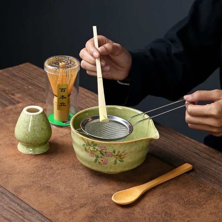 Matcha Tea Set Porcelain Bowl Bamboo Whisk Traditional Box