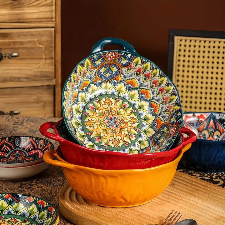 Ceramic Soup Bowl Bohemian Handle Embossed Microwave