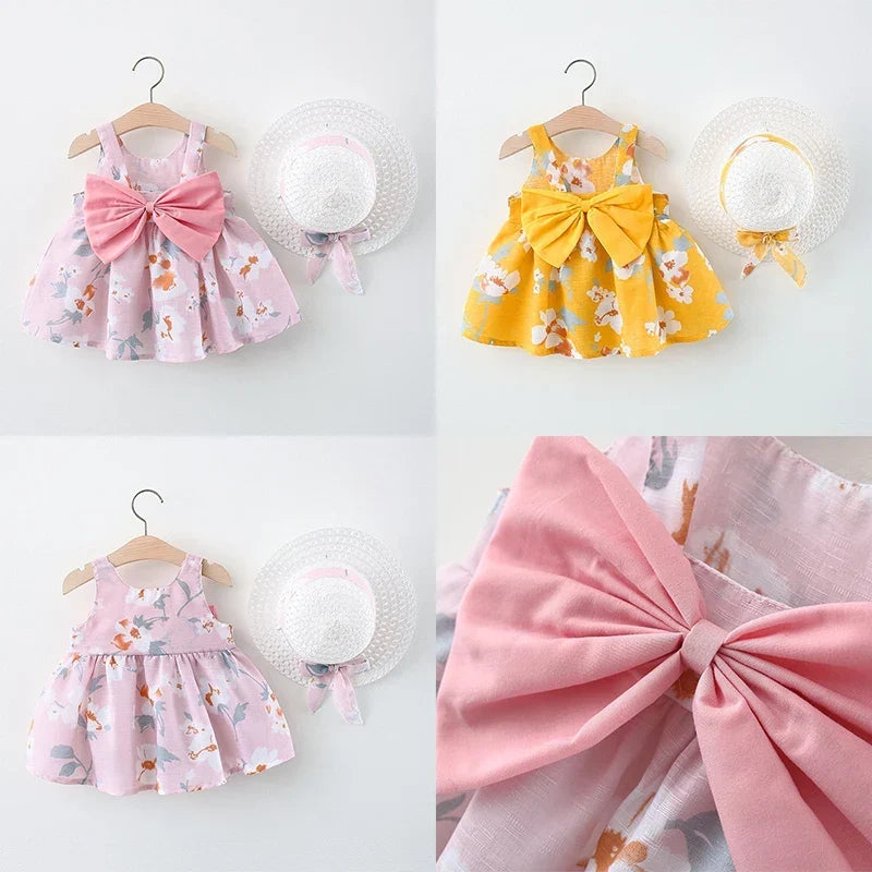 Soft baby girls dress - sleeveless, floral bow-embellished, cotton-polyester blend, for summer outings