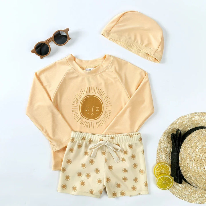 Breathable Kids Rash Guard Swim Set – Long-Sleeve Top, Swim Pants, Hat, Polyester Elastane, Beach Vacation