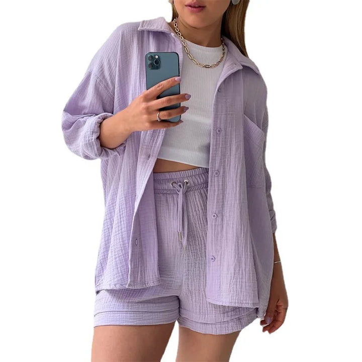 Women Two-Piece Set Orange Wrinkled Lapel Shirt &amp; High-Waisted Shorts Fashion Suit