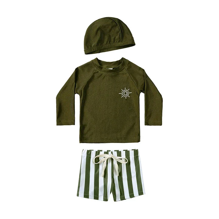 Quick-dry Unisex Baby Swimwear 2-Piece Set – Long-Sleeve Rash Guard Top, Shorts, Polyester, Summer Beachwear