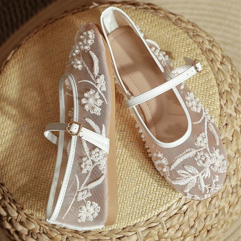 Lightweight Women’s Ballet Flats - Mary Jane Mesh, Beaded