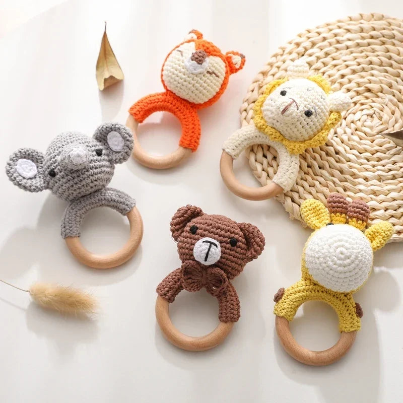 Crochet Bear Teether Rattle Ring Newborn Sensory Toys