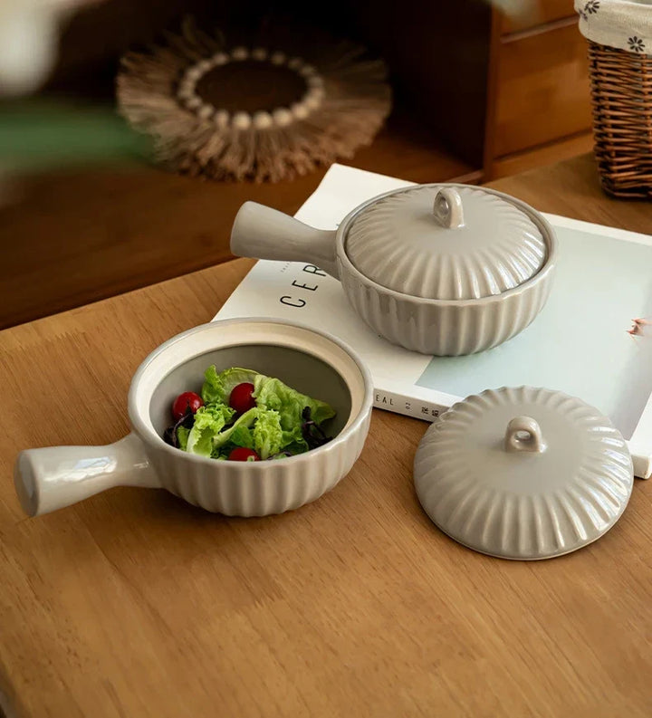Ceramic Single Handle Bowl With Lid Japanese Style