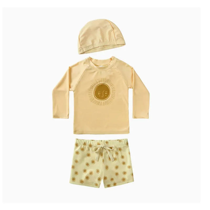 Quick-dry Unisex Baby Swimwear 2-Piece Set – Long-Sleeve Rash Guard Top, Shorts, Polyester, Summer Beachwear