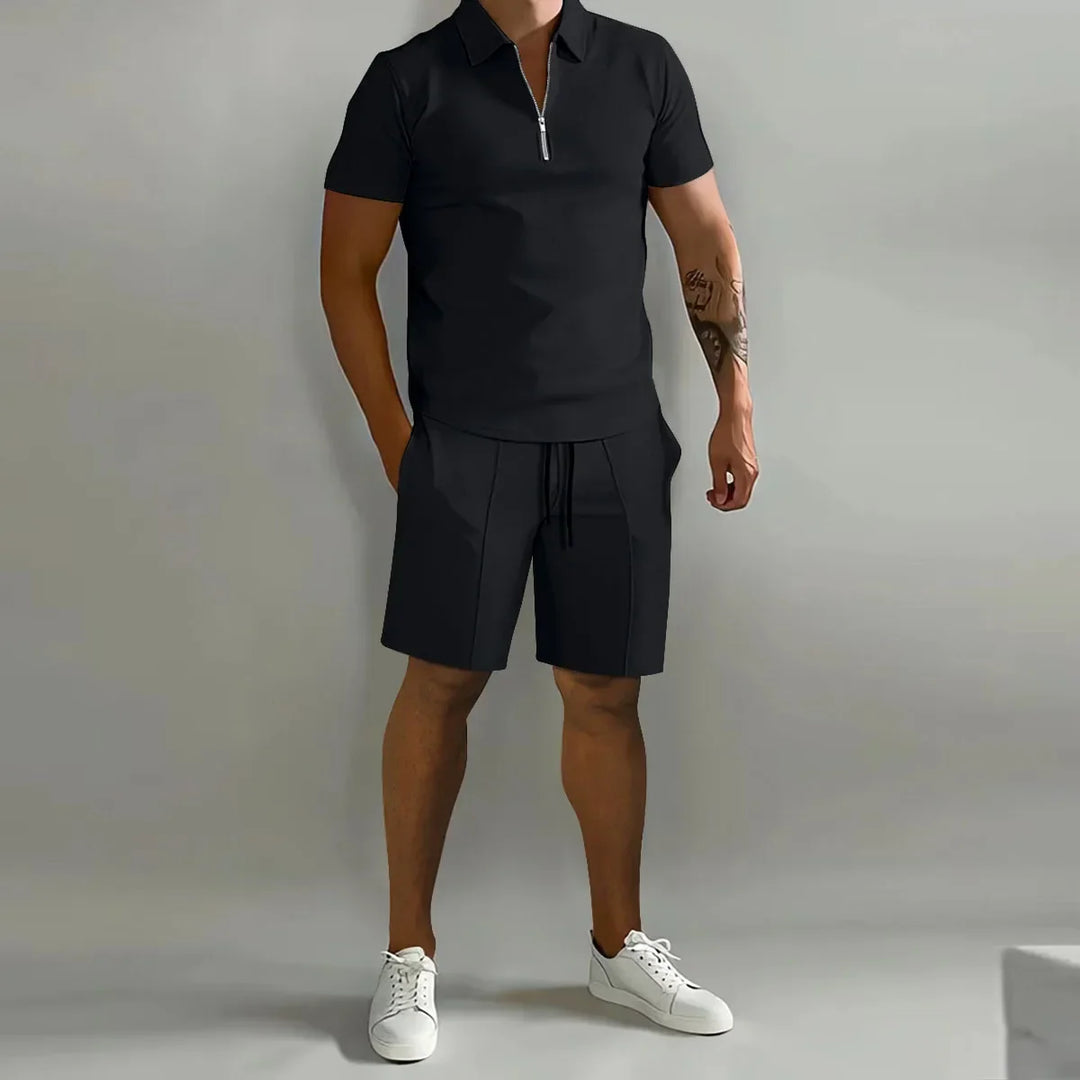 Solid color Polo Shirt &amp; Vertical Stripe Pants Set - Casual Short Sleeve Sports Wear