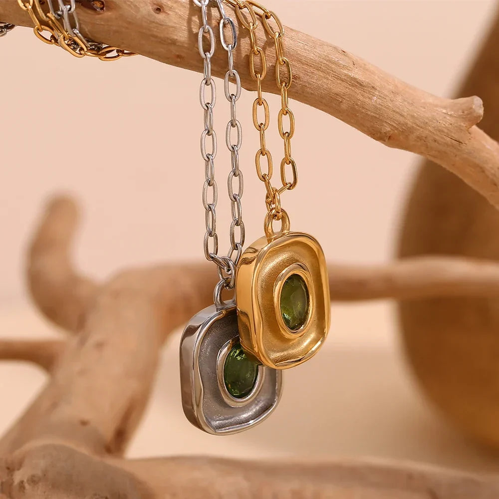 Necklace Green Zircon - Stainless Steel Paperclip Chain, 18K Gold Plated, Hypoallergenic Waterproof jewelry Fall 2026 Gift