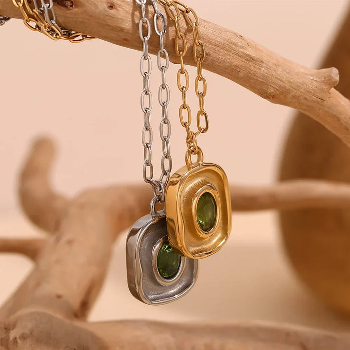 Necklace Green Zircon - Stainless Steel Paperclip Chain, 18K Gold Plated, Hypoallergenic Waterproof jewelry Fall 2026 Gift