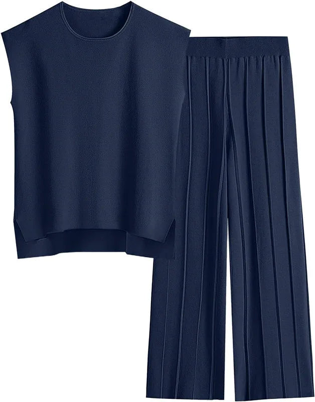 Soft Relaxed Women’s Two-Piece Pant Set – Sleeveless Round-Neck Knit Top, High-Waist Wide-Leg Pants For Summer