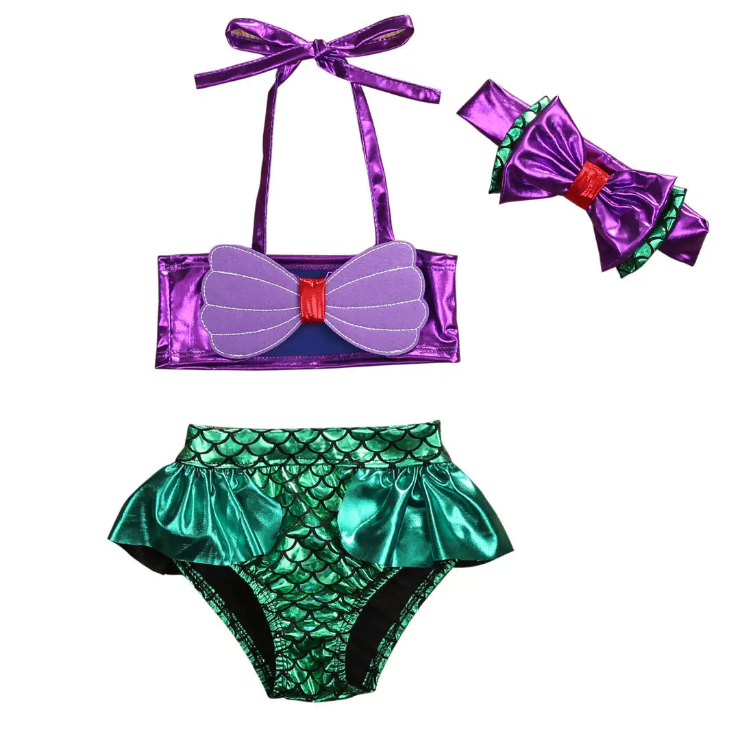Lightweight girls mermaid bikini set - lace-up 3D bow top, triangle briefs, elastic headband, polyester, summer swimwear