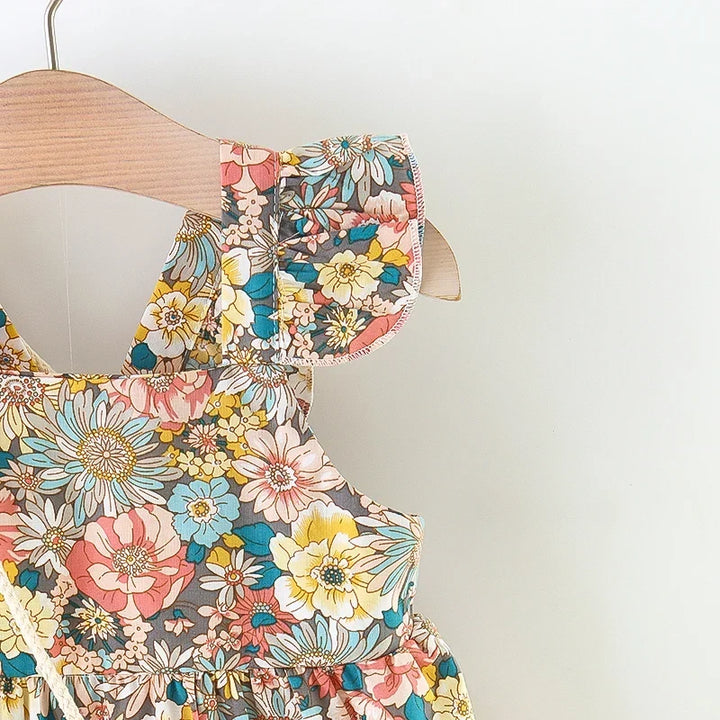 Soft Baby Girl Dress - Classic Floral Flutter Sleeves, Polyester, With Crossbody Bag, For Ages 0-3