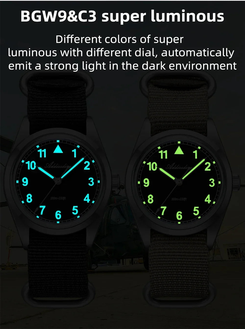 Waterproof Diver Quartz Watch Luminous Hands, Nylon Strap, 100m Water Resistance
