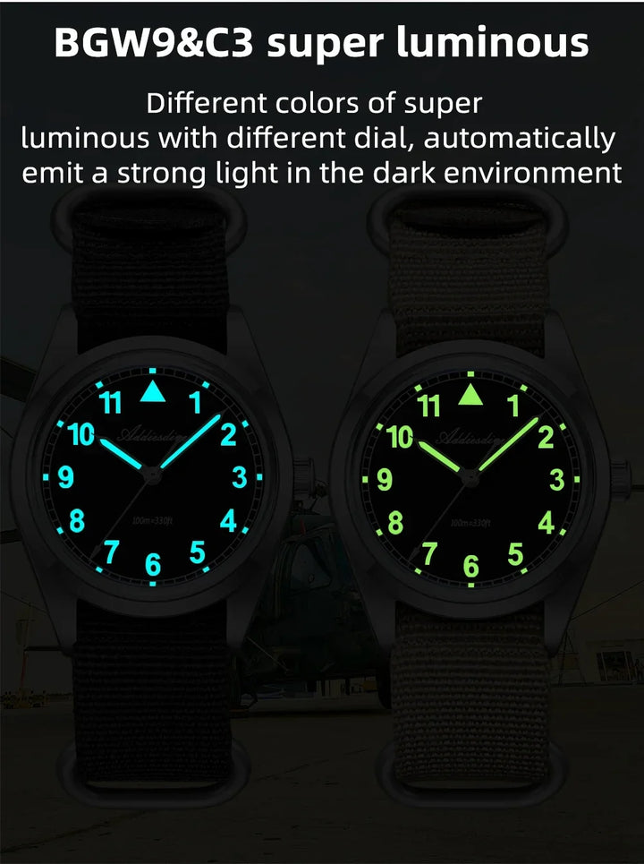 Waterproof Diver Quartz Watch Luminous Hands, Nylon Strap, 100m Water Resistance