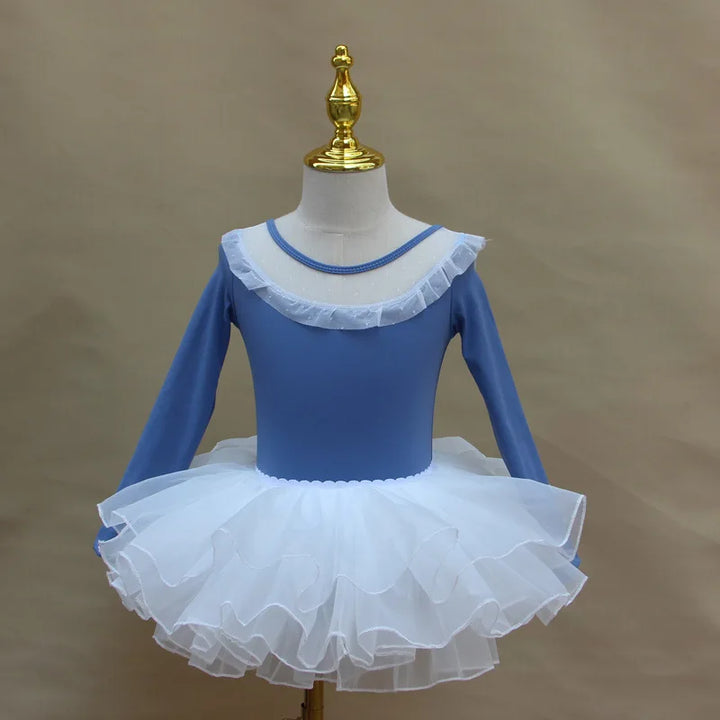 Lightweight girls ballet leotard set - puff-sleeve top, tulle tutu skirt, polyester, for dance class