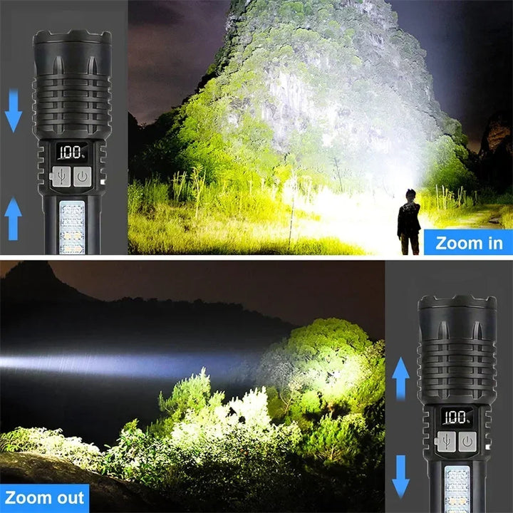 High Power LED Flashlight - TYPE-C Rechargeable Torch for Camping and Hiking, Waterproof with Side Light