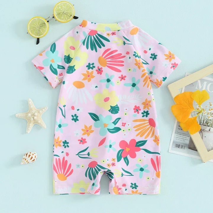 Soft girls’ rash guard romper – zip-front, short sleeve, floral print, polyester, for summer swimwear