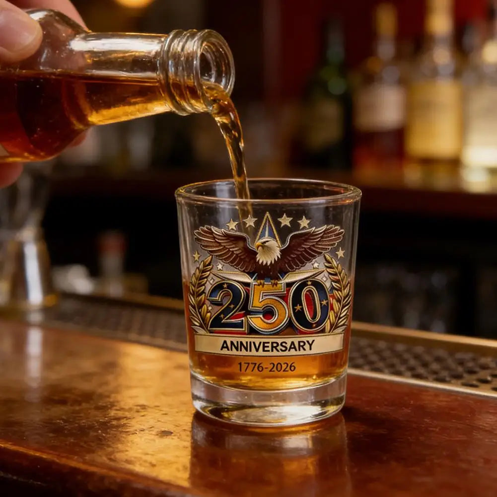 Patriotic Whiskey Glass Hand Blown Eagle Glassware USA 250th Anniversary Rotating Cup Gift Idea