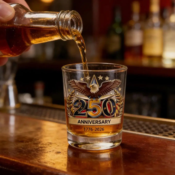 Patriotic Whiskey Glass Hand Blown Eagle Glassware USA 250th Anniversary Rotating Cup Gift Idea