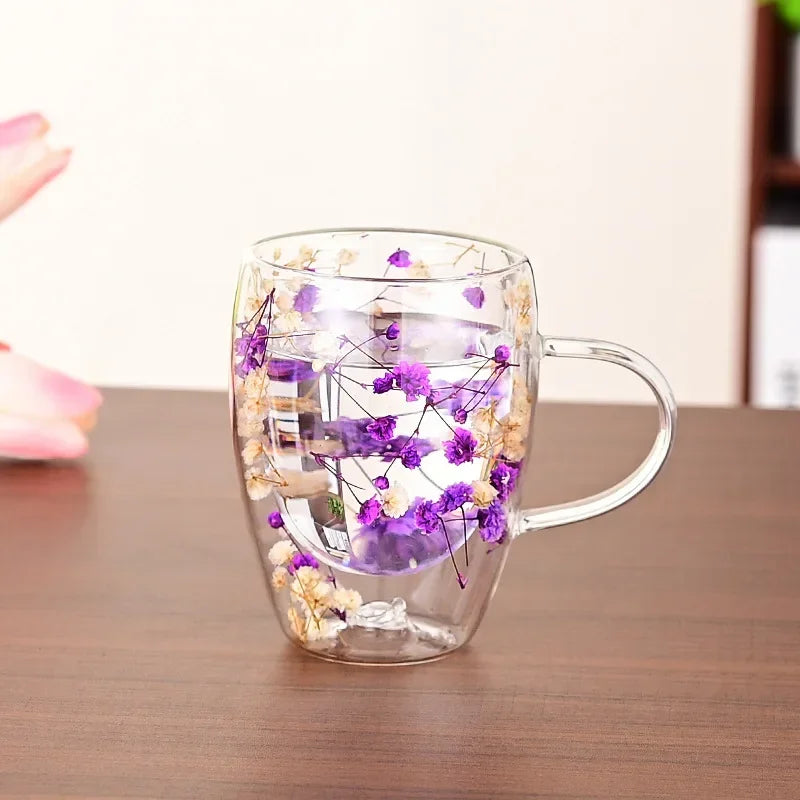 Double Wall Glass Cup with Handle Dried Flower Decorated Ins Style Mug 300ML