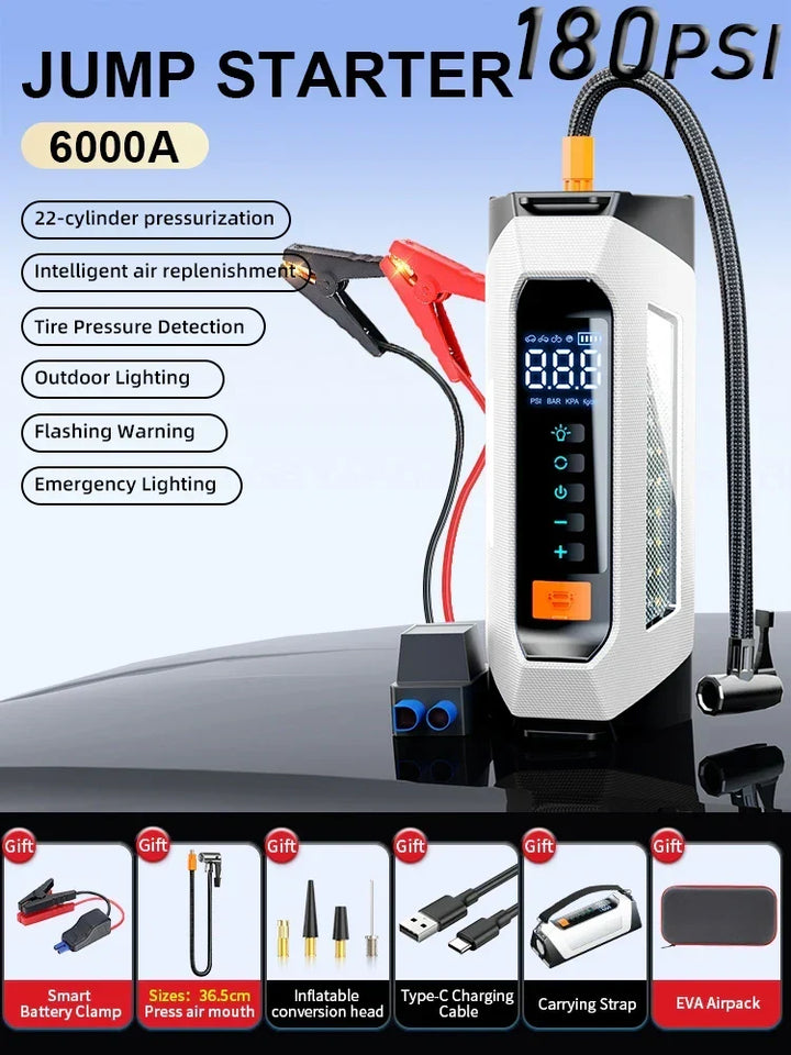 Car Jump Starter Portable Power Bank 12V With Air Compressor 6000A Peak Emergency Start 180 PSI Fall 2025