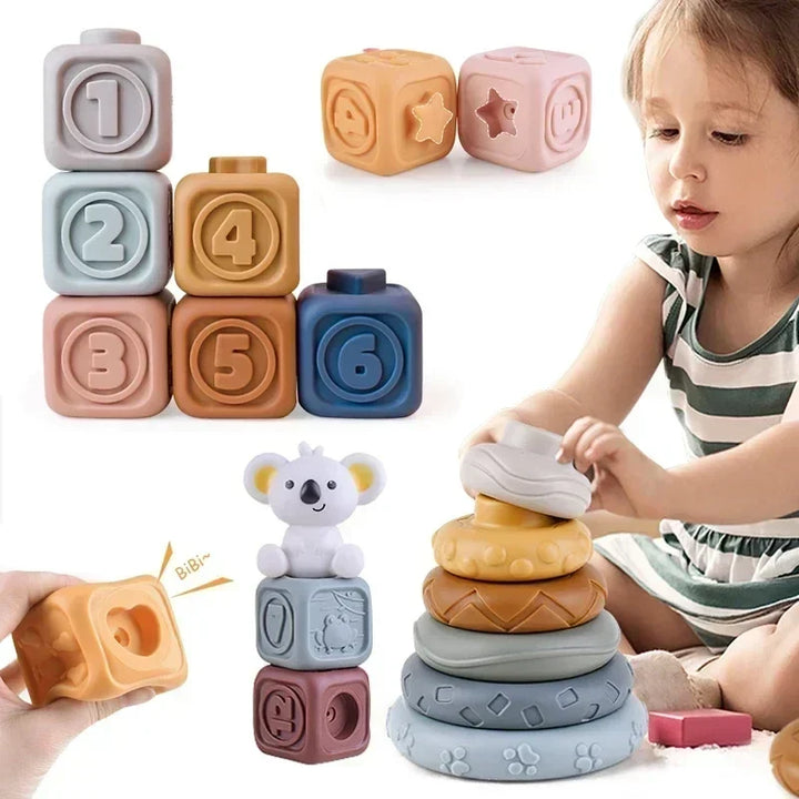 Silicone Montessori Building Blocks for Babies - Stacking and Teething Toys for Early Learning, Safe and Lightweight, Bright colours