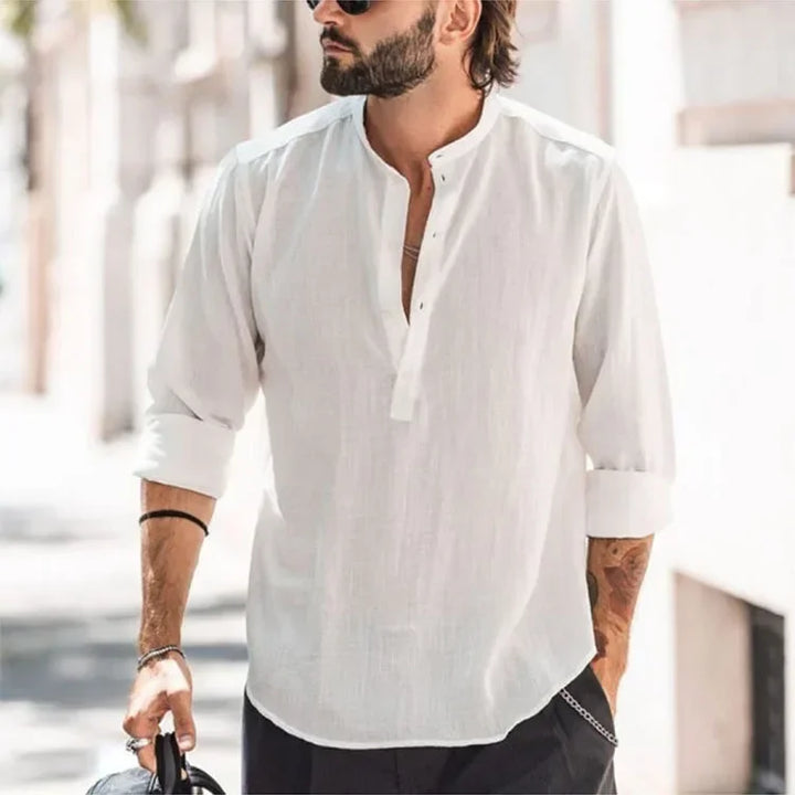 Casual Cotton Linen Shirt - Loose Tops, Long Sleeve, Henry Collar, Solid Blouse