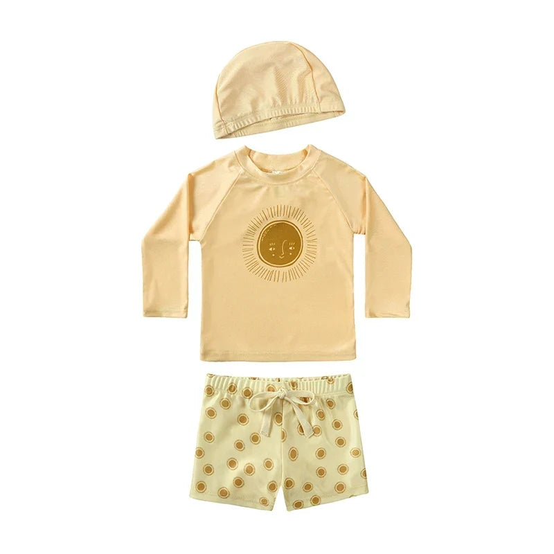 Quick-dry Unisex Baby Swimwear 2-Piece Set – Long-Sleeve Rash Guard Top, Shorts, Polyester, Summer Beachwear
