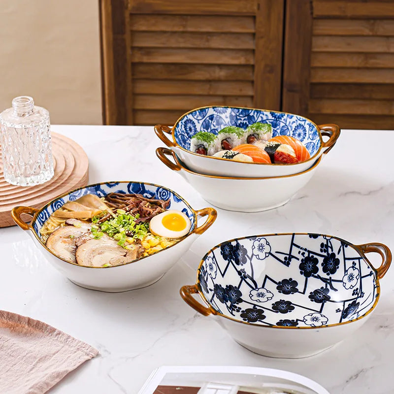 7.5 Inch Japanese Ceramic Noodle Bowl With Handles Blue