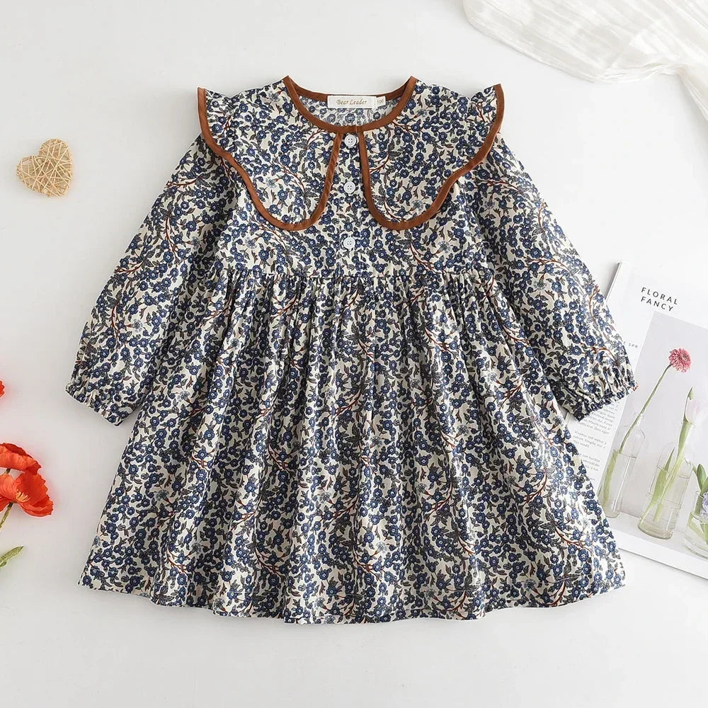 Soft Girls Dress - Long-Sleeve Knee-Length Floral Print, Cotton, For Casual Wear