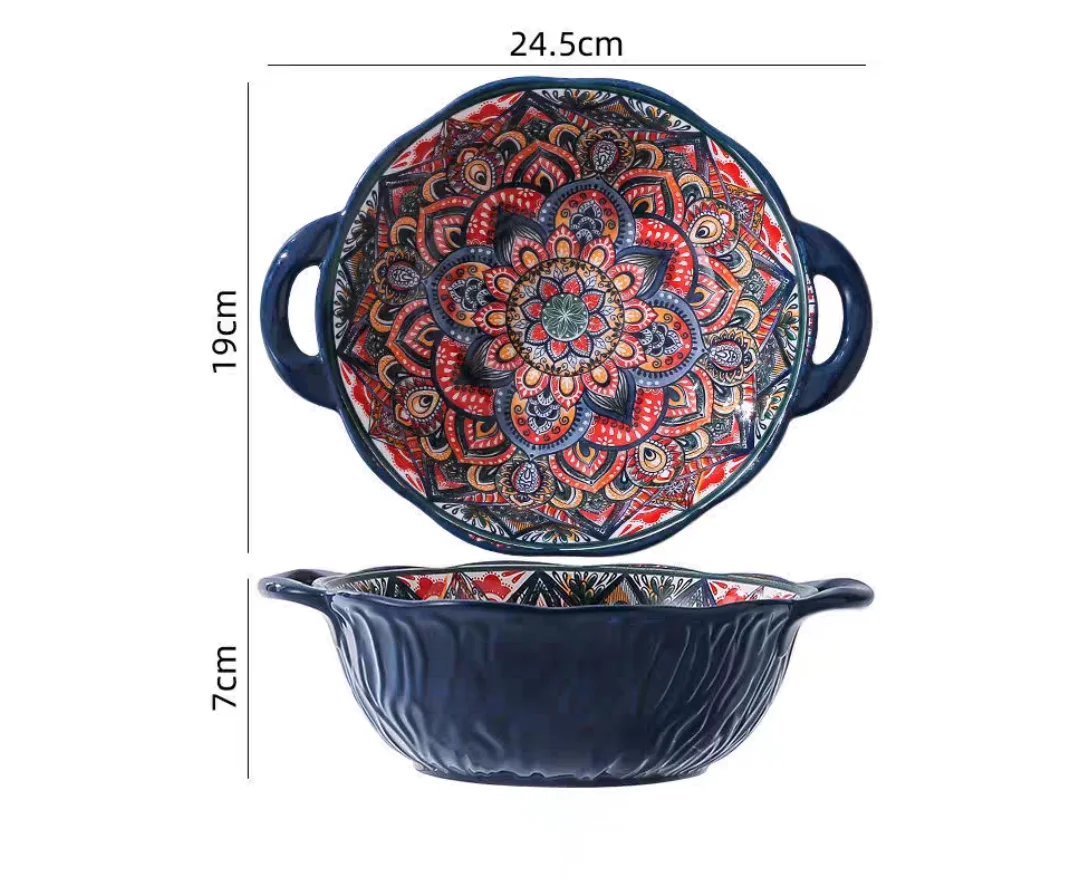 Ceramic Soup Bowl Bohemian Handle Embossed Microwave