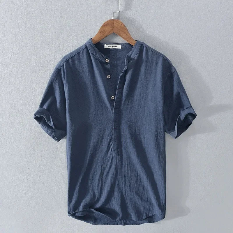 Breathable Cotton Linen Shirt High End Loose Fit, Short Sleeves Half-Open Collar