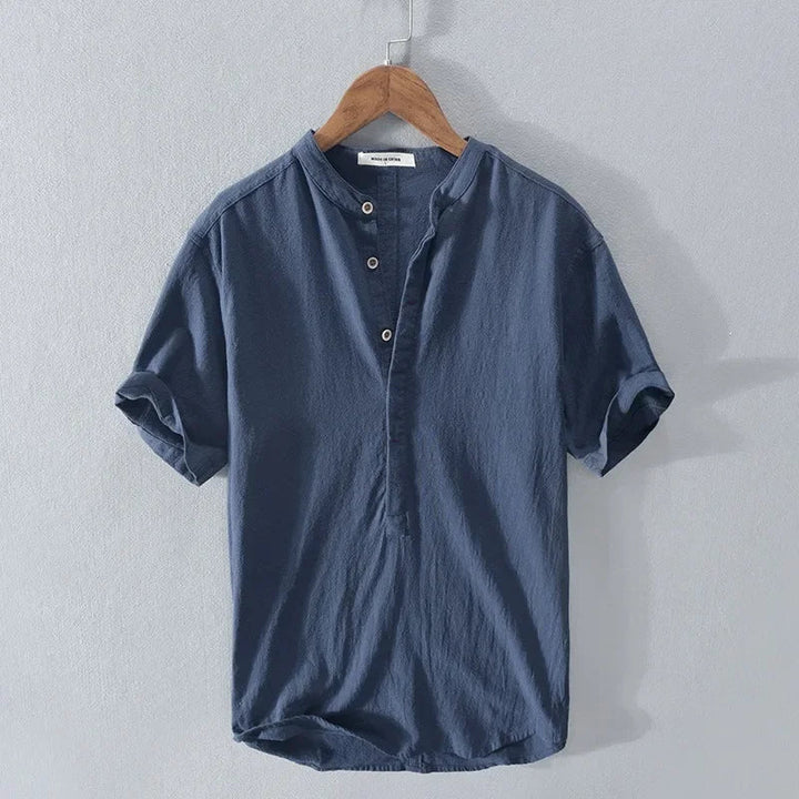 Breathable Cotton Linen Shirt High End Loose Fit, Short Sleeves Half-Open Collar