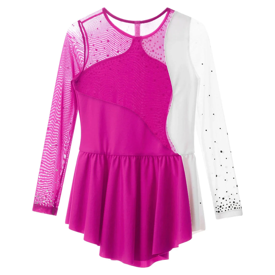 Stretchy girls figure skating dress – long sleeve rhinestone accents, jersey, dance performance costume