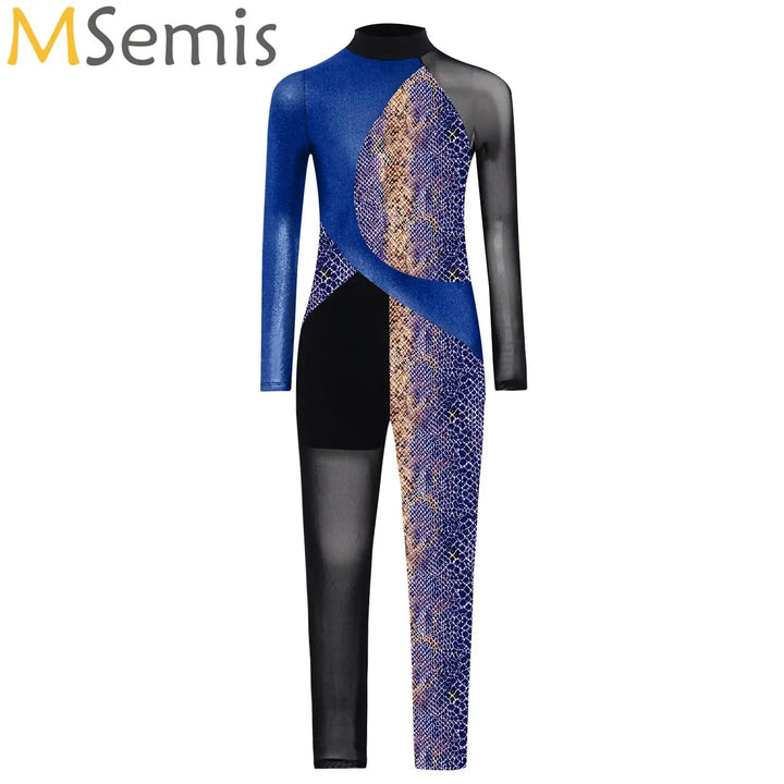 Stretchy Girls Unitard – Long Sleeve, Snakeskin, Polyester, Nylon, Elastane, For Ballet, Rhythmic Gymnastics