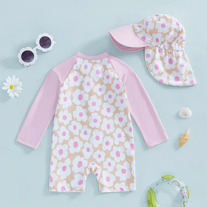 Lightweight Durable Toddler Girl Rash Guard Swimsuit - Long Sleeve Floral Flamingo Print, Polyester Elastane, Beachwear