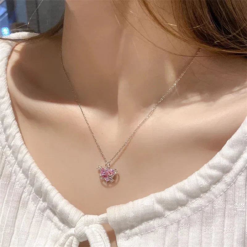 Zircon Pendant Necklace Pink Planet Heart Valentines Day Gift 2026 Aesthetic jewellery