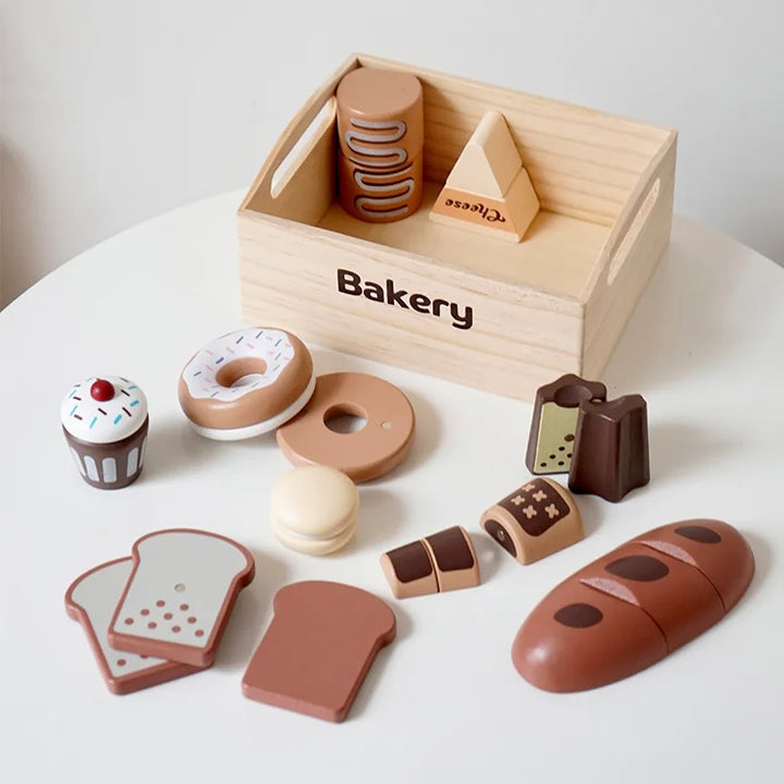 Wooden Kids Kitchen Playset with Cutting Food Accessories - Fruits, Vegetables &amp; Bakery Toys