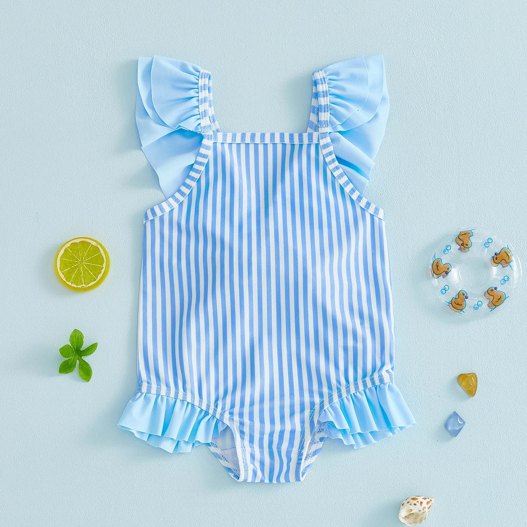Breathable Baby Girls Swim Romper - Striped Print, Flutter Sleeves, Polyester-Elastane Blend, For Pool and Beach