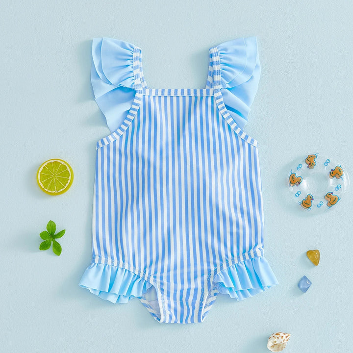 Breathable Baby Girls Swim Romper - Striped Print, Flutter Sleeves, Polyester-Elastane Blend, For Pool and Beach