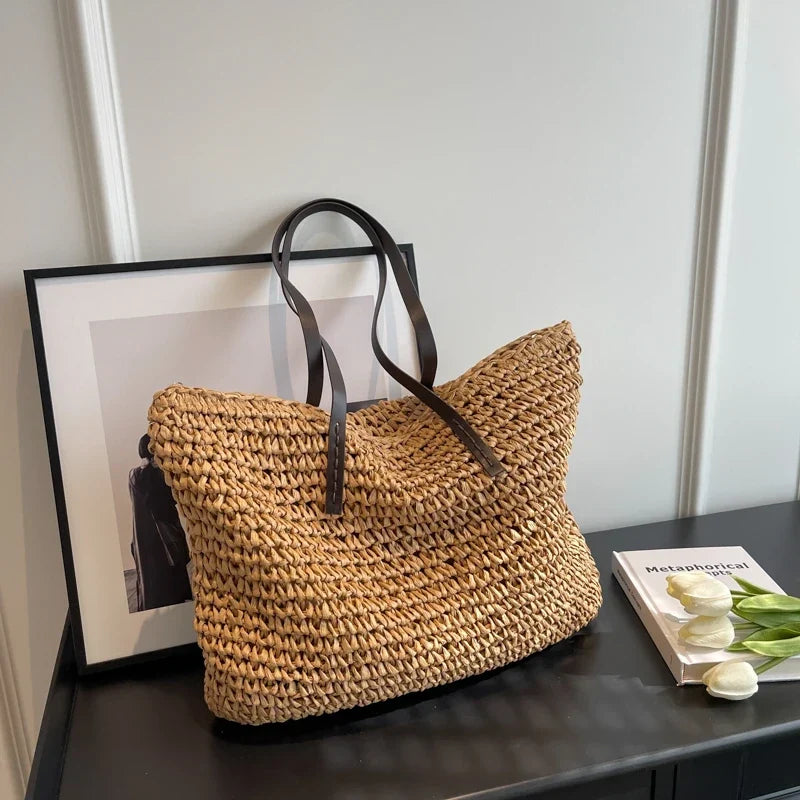 Straw Tote Bag Woven Beach Shoulder Bag Summer 2026 Large Capacity Carryall For Travel And Daily Use