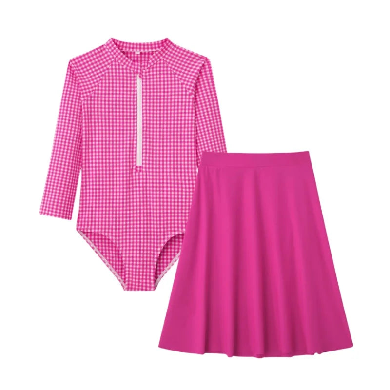Quick-Dry Unisex Kids Swimsuit - One-Piece Gingham Plaid, Polyester, For Summer Vacation