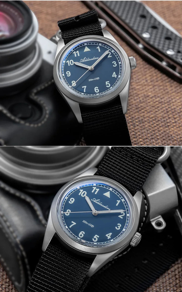 Waterproof Diver Quartz Watch Luminous Hands, Nylon Strap, 100m Water Resistance