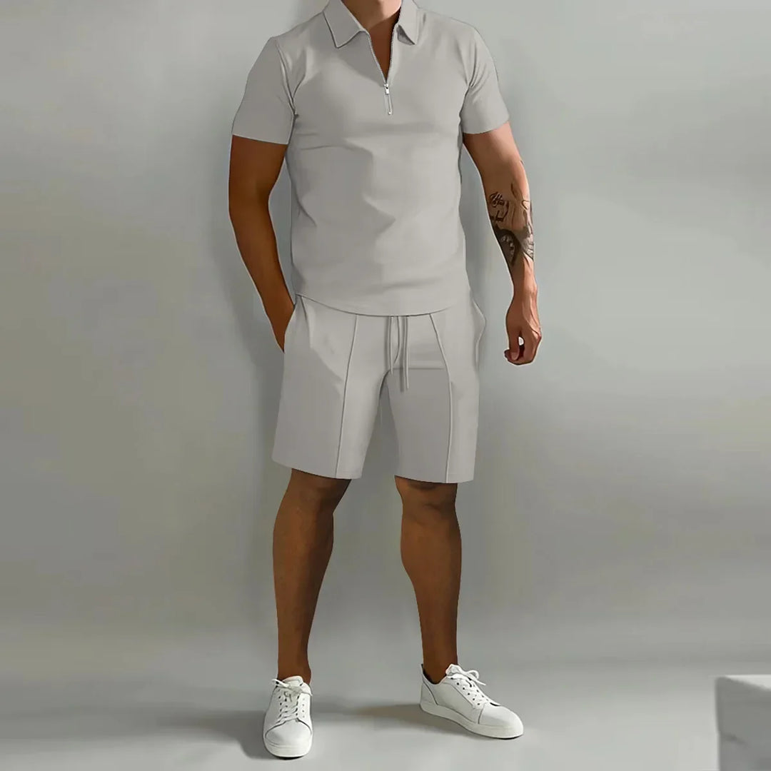 Solid color Polo Shirt &amp; Vertical Stripe Pants Set - Casual Short Sleeve Sports Wear