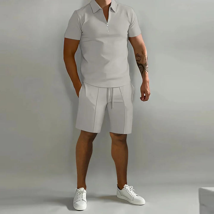 Solid color Polo Shirt &amp; Vertical Stripe Pants Set - Casual Short Sleeve Sports Wear