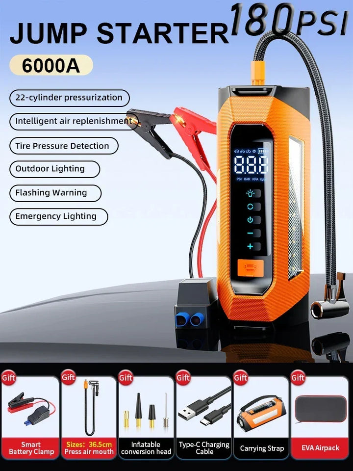 Car Jump Starter Portable Power Bank 12V With Air Compressor 6000A Peak Emergency Start 180 PSI Fall 2025