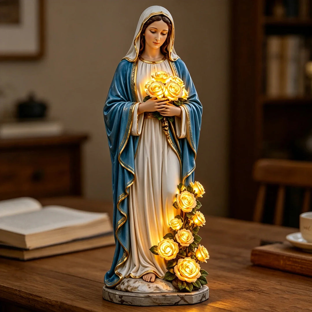 Virgin Mary Statue 7.87 Inch Outdoor Resin Garden Decor With Lighting Roses Religious Figurine Mother&