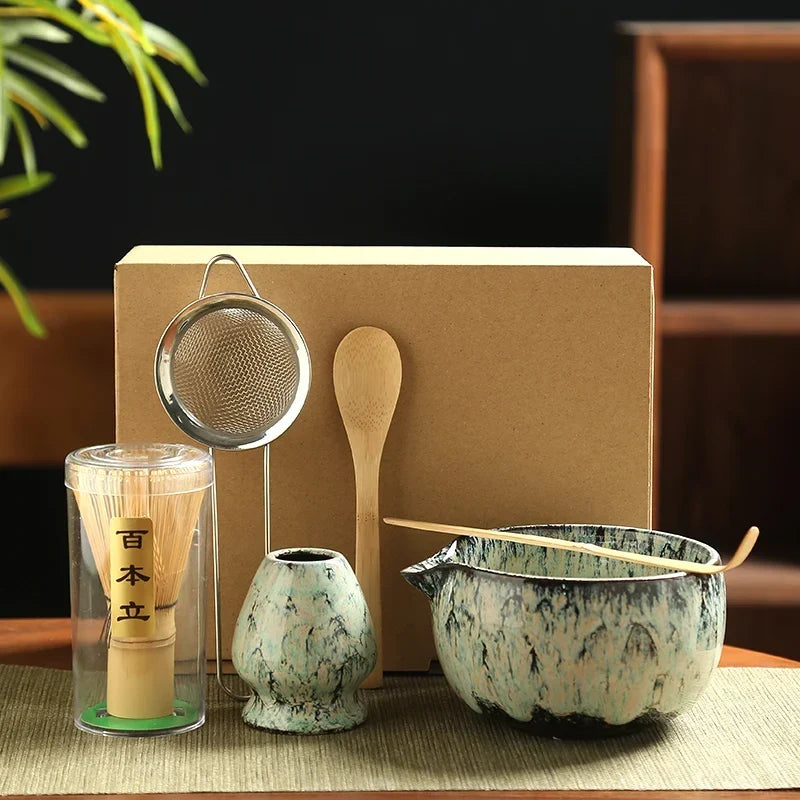 Matcha Tea Set Ceramic Bowls With Bamboo Whisk 6 Piece